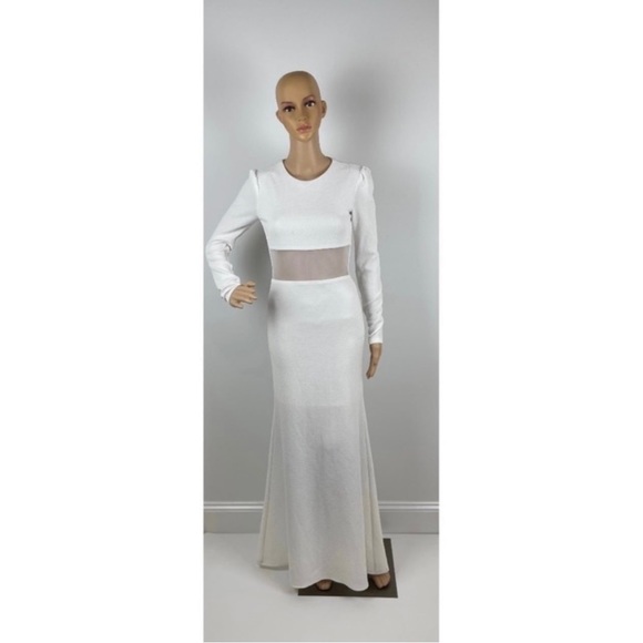 Long Sleeve Mesh  Cutout Women’s White Maxi Dress - Picture 2 of 8